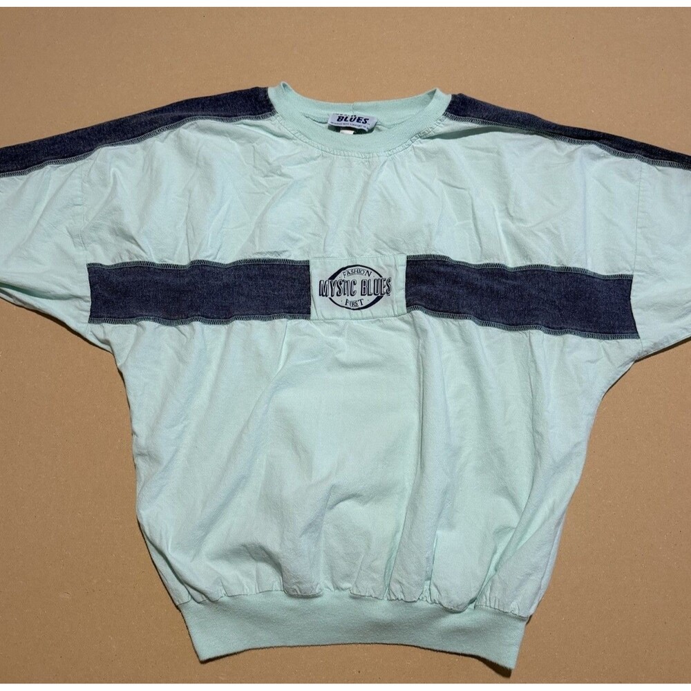 Vintage 80s 90s Mystic Blues Colorblock Batwing Pullover Shirt Cotton Aqua Mint